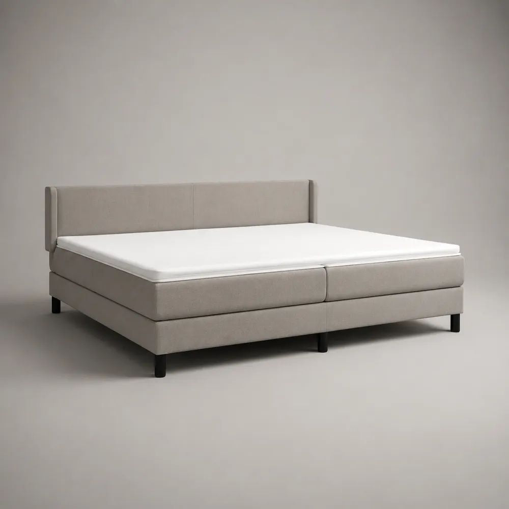 Boxspringbett-Set 180 x 200 cm mit 2 Bonellfederkernmatratzen, Topper und gepolstertem Kopfteil, Stoff, Greige