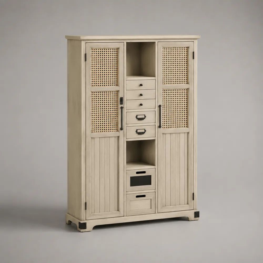 Hochkommode mit 2 Türen und 7 Schubladen aus MDF, Kiefernholz und Rattangeflecht, Beige, 120 × 40 × 180 cm