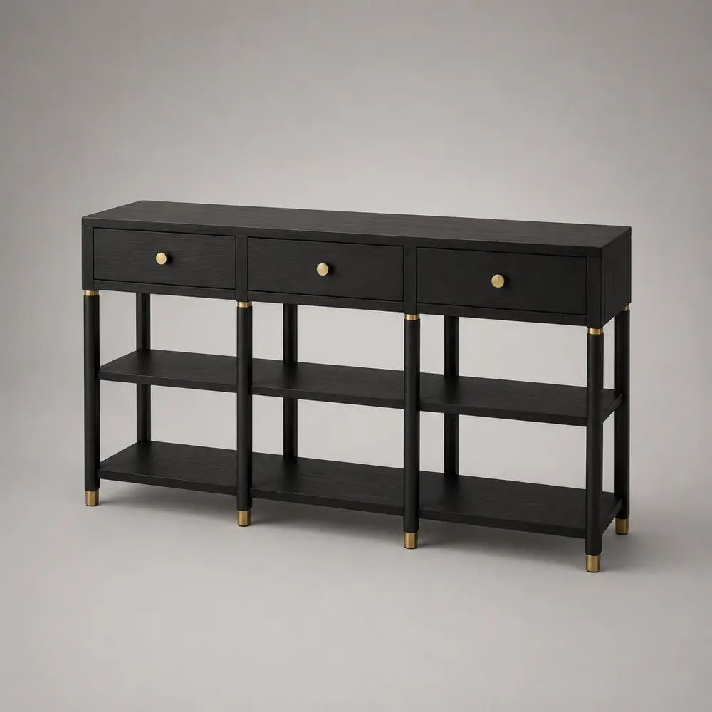 Konsolentisch aus MDF und Eschenfurnier mit 3 Schubladen und 2 Ablageebenen, Schwarz/Gold, 150 × 35 × 85 cm