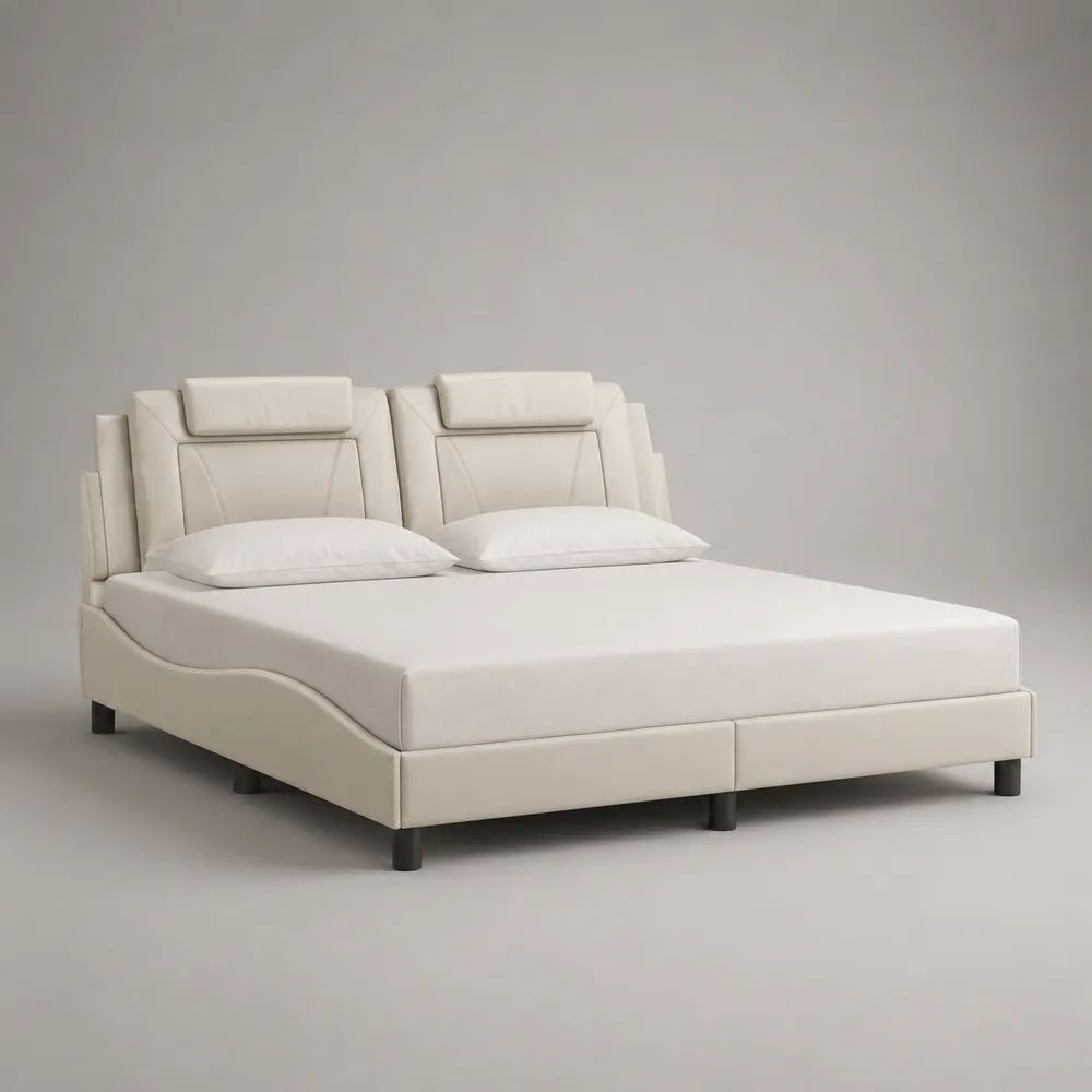 Polsterbett Doppelbett 180 x 200 cm, Gesamtmaß 220 x 200 x 112 cm, Kunstlederbezug, geteiltes Kopfteil, Cremeweiß/Schwarz