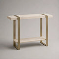 Rechteckiger Konsolentisch mit Ablage aus Travertin und Edelstahl, Beige/Gold, 120 x 35 x 80 cm