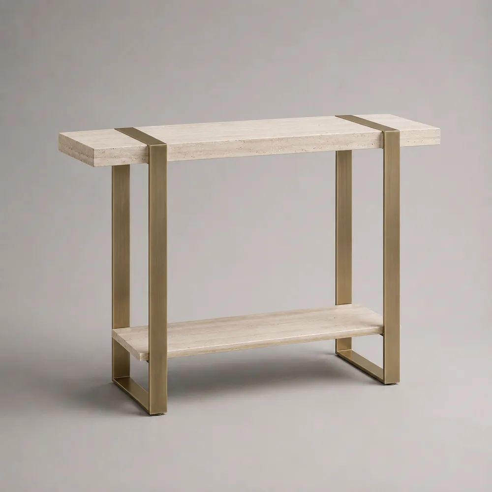 Rechteckiger Konsolentisch mit Ablage aus Travertin und Edelstahl, Beige/Gold, 120 x 35 x 80 cm