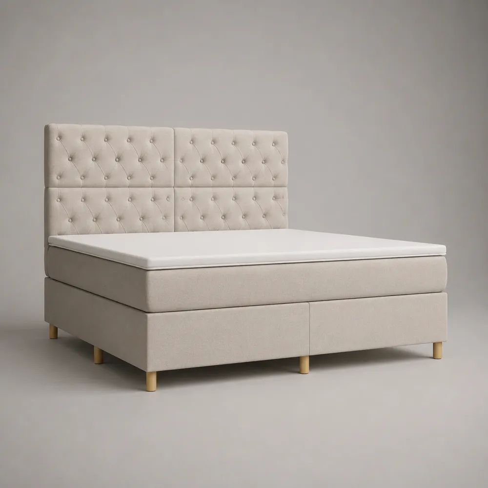 Boxspringbett 180 × 200 cm, Außenmaß 182 × 210 × 120 cm, mit Matratze, Topper und gepolstertem Kopfteil, Beige/Natur