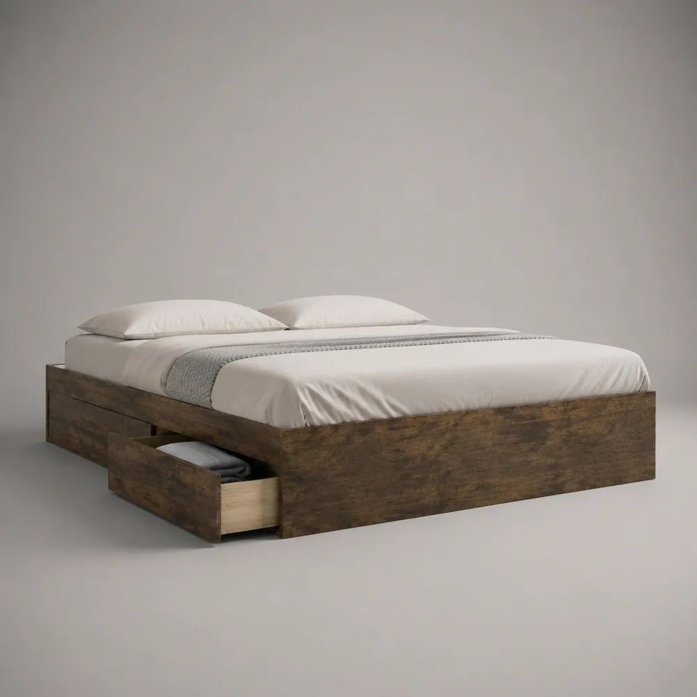 Doppelbett mit Schublade aus melaminharzbeschichteter Spanplatte, Dunkelbraun, Liegefläche 160 x 200 cm