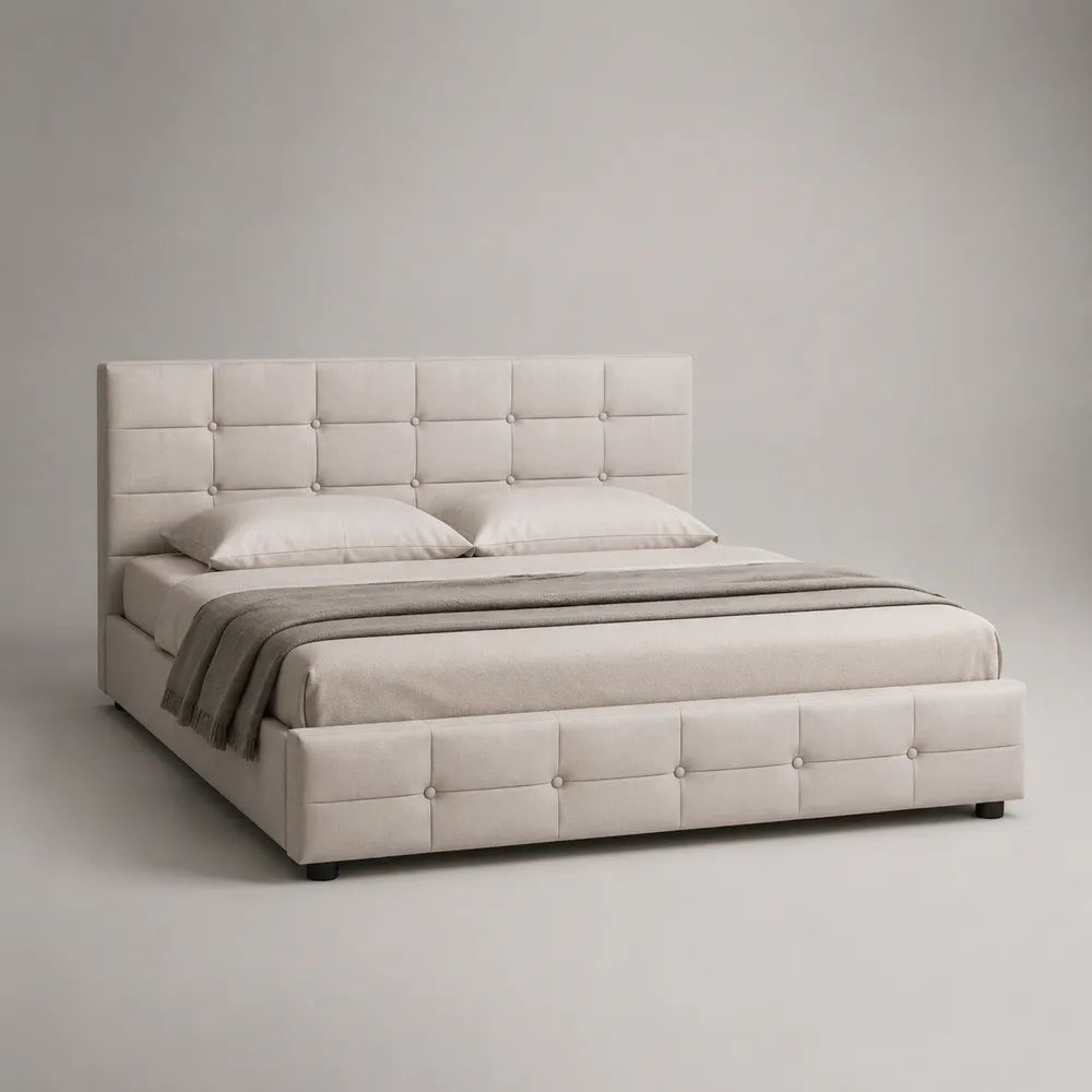 Polsterbett mit Bettkasten und Lattenrost, Liegefläche 160 x 200 cm, Polyester-Samtbezug, Beige