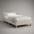 Polsterbett Einzelbett mit Kopfteil, Polyesterbezug und Massivholzrahmen, Beige/Naturholz, 100 x 211 x 95 cm, Liegefläche 90 x 200 cm