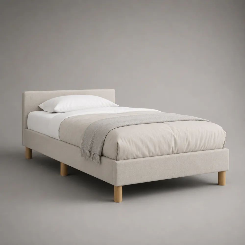 Polsterbett Einzelbett mit Kopfteil, Polyesterbezug und Massivholzrahmen, Beige/Naturholz, 100 x 211 x 95 cm, Liegefläche 90 x 200 cm