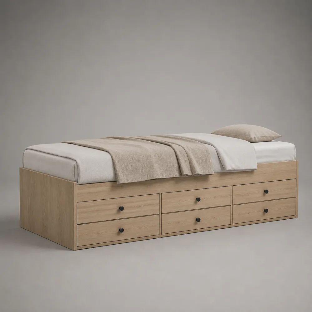 Stauraumbett Einzelbett mit 6 Schubladen aus melaminbeschichteter Spanplatte, Eiche Natur/Schwarz, Liegefläche 90 x 200 cm, Gesamtmaß 204 x 96 x 62 cm