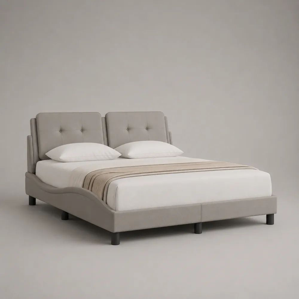 Polsterbett Doppelbett mit geteiltem Kopfteil und Polyesterbezug, Greige, 180 × 200 cm