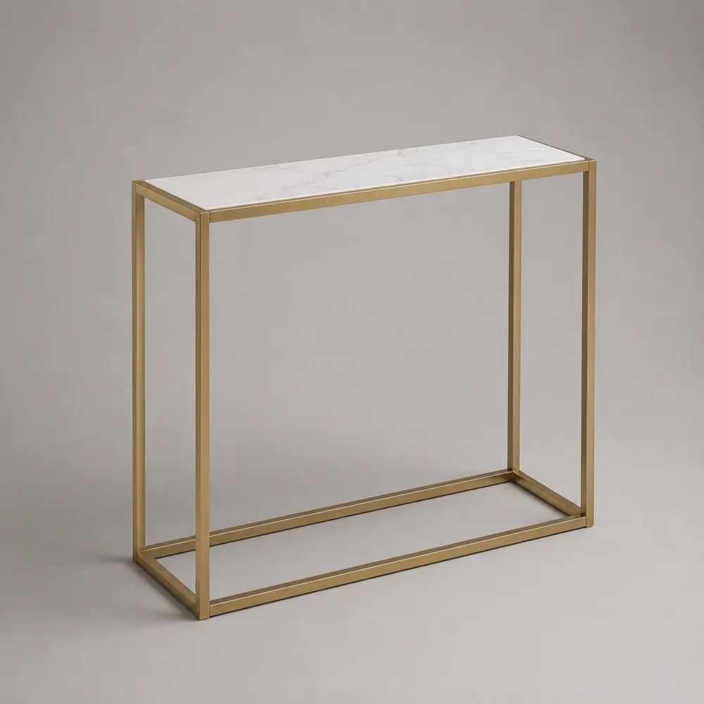 Rechteckiger Konsolentisch aus Stahl und MDF, Gold/Weiß/Grau, 100 × 30 × 80 cm