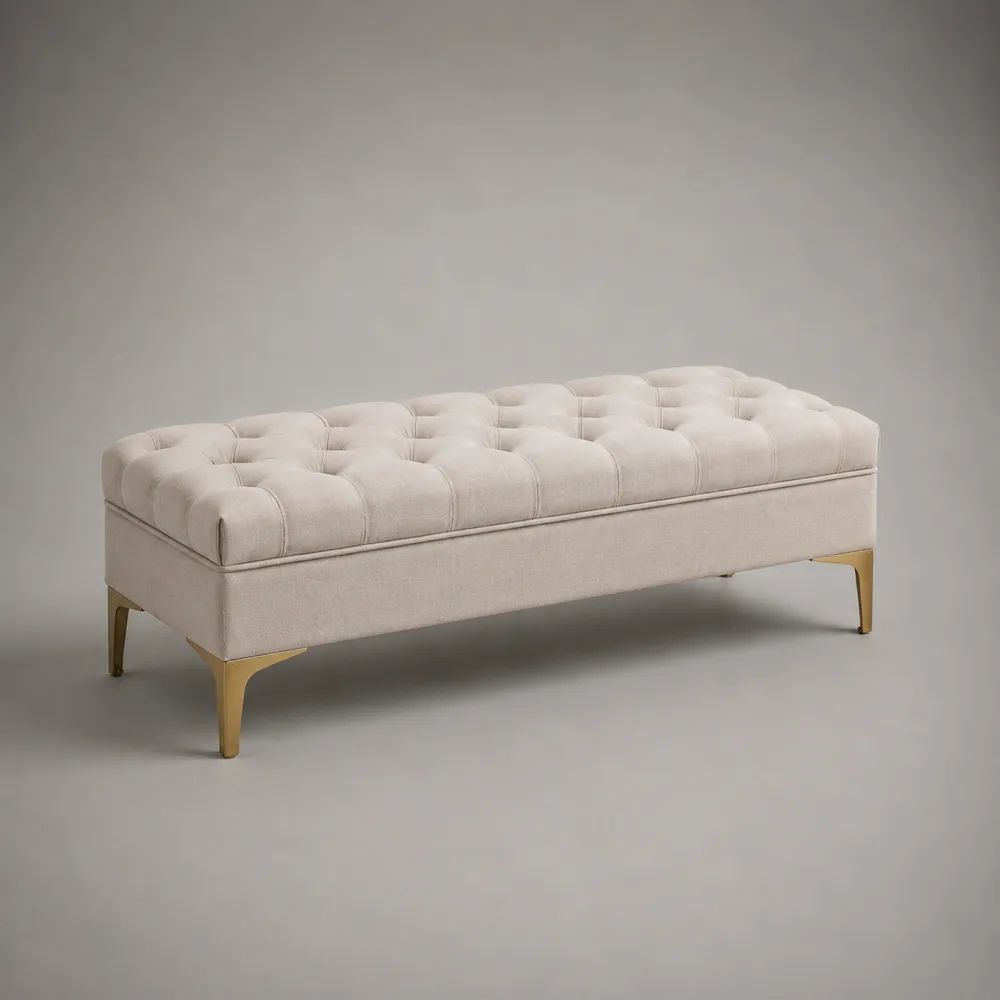 Bettbank Sitzbank aus Holz und Metall mit Polyesterbezug und Knopfheftung, Beige/Gold, 120 × 45 × 48 cm