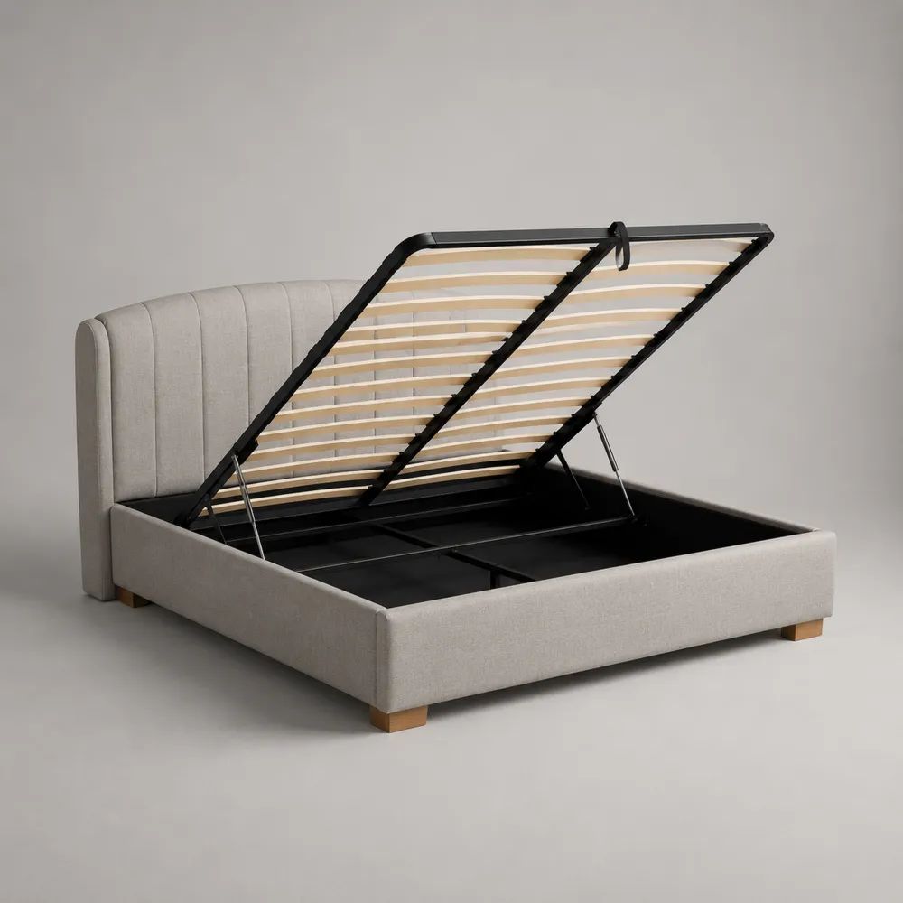 Polsterbett mit Bettkasten und Lattenrost 160 × 200 cm, Polyesterbezug, Stahlrahmen, Beige